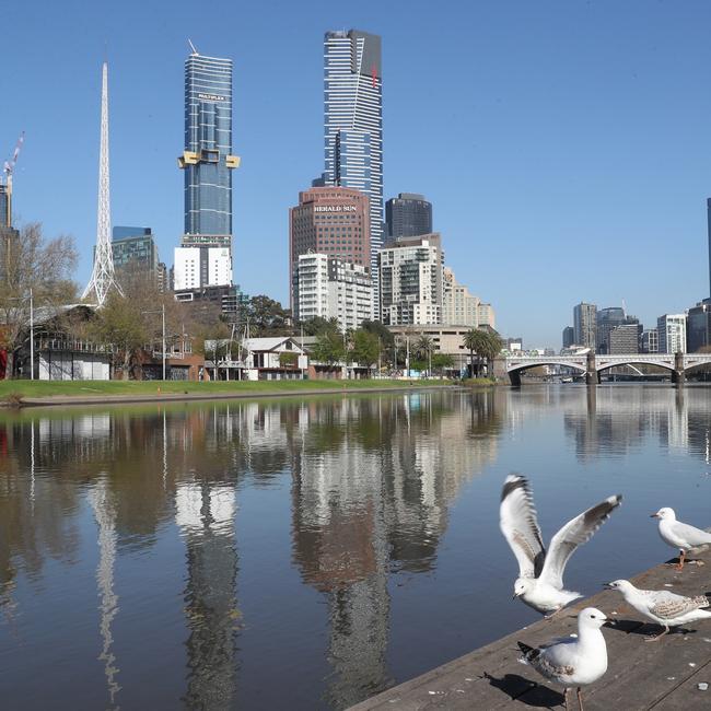 Southbank and the CBD seen from Birrarung Marr park during stage four COVID-19 lockdown in Melbourne. Picture: David Crosling