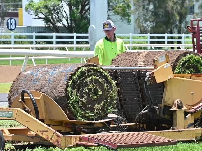 Work is underway to remove the poisoned section of track at the Gold Coast Turf club and replace it with new turf ahead of this weekends Magic Millions race day Picture Supplied