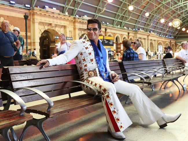 10/1/24: Elvis impersonator Johnny Angel aka Pacific Elvis on platform 1 at Central Station. The annual Parkes Elvis festival kicks off tomorrow. John Feder/The Australian.