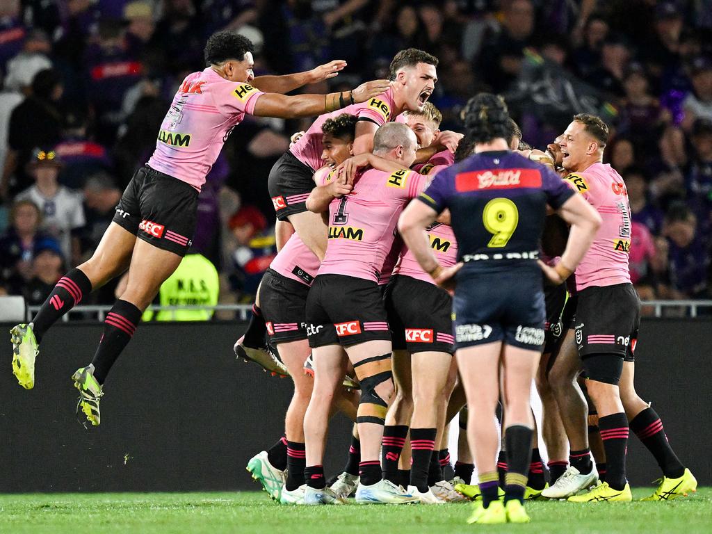 Penrith players react to the sweet sound of the final whistle. Picture: Izhar Khan/AFP