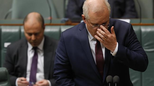 Treasurer Josh Frydenberg and Prime Minister Scott Morrison in question time on Wednesday. Picture: Sean Davey