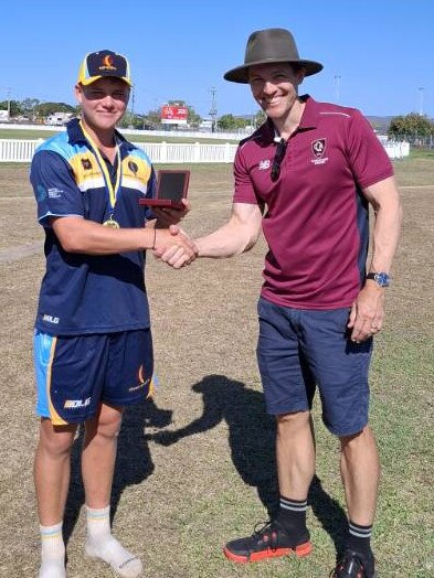 Far North U15 star batsman Finn Vikionkorpi was awarded the Tom Franklin Medal as the player of the carnival, presented by the awardâ&#128;&#153;s namesake himself. Picture: Supplied.