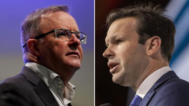 Matt Canavan, right, has challenged Anthony Albanese to publicly voice his support for Adani. Pictures: AAP