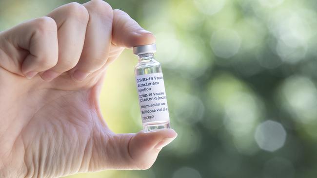 A vial of AstraZeneca Covid-19 vaccine. (Photo by Simon Santi – Pool/Getty Images)