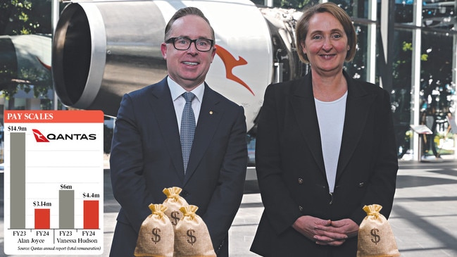 Former Qantas CEO Alan Joyce with his successor Vanessa Hudson.