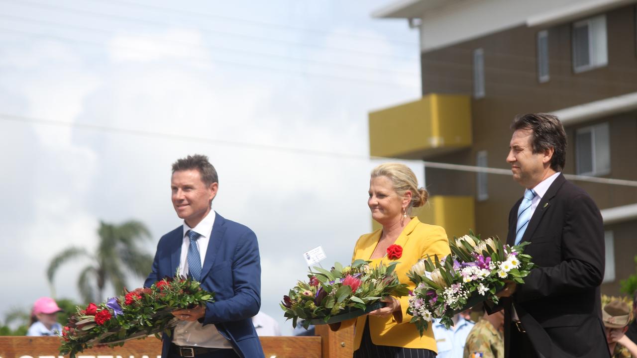 Bowman MP Andrew Laming (left) Redland City Mayor Karen Williams and Oodgeroo MP Mark Robinson laying wreaths at the Cleveland Memorial today. Picture Andrea Macleod