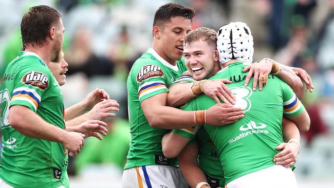 Canberra’s Hudson Young celebrates a try at GIO Stadium