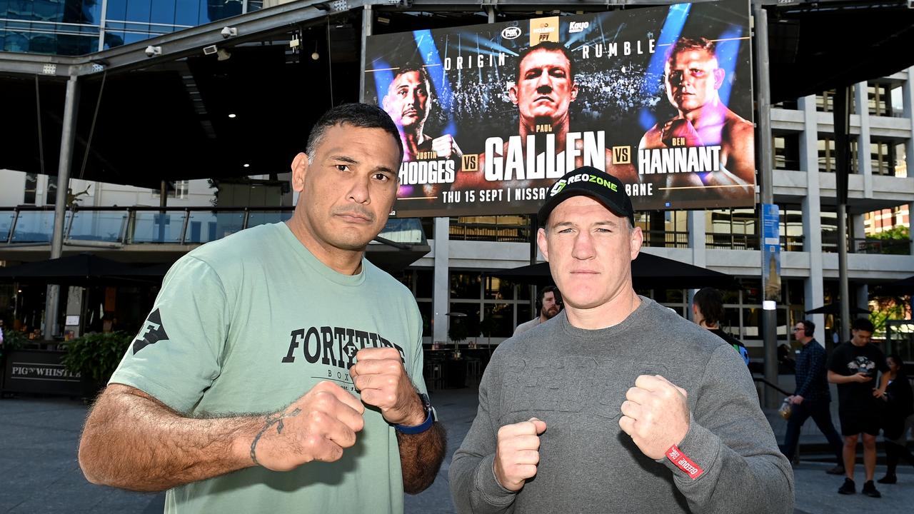 Paul Gallen and Justin Hodges pose for a photo during a No Limit Boxing Open Day at King George Square on August 17, 2022 in Brisbane, Australia. Photo: Getty Images