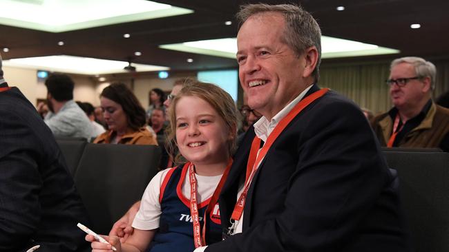 Bill Shorten with his daughter Clementine at the Labor Party’s Victorian conference in Melbourne. Picture: AAP