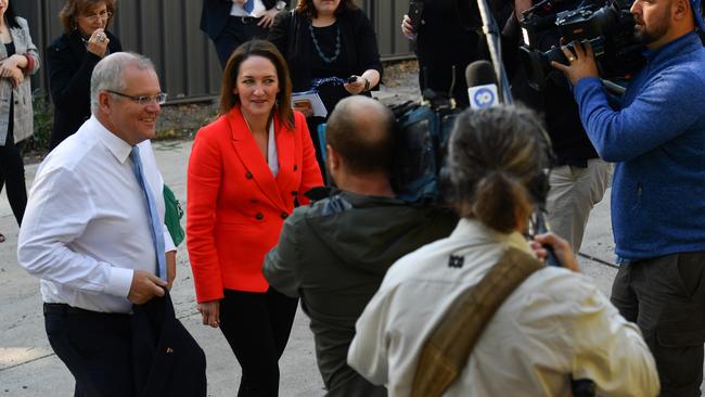 Prime Minister Scott Morrison and Liberal candidate for Mayo Georgina Downer arrive at GD Wholesale Fruit and Veg at Hawthorndene. Picture: AAP Image/Mick Tsikas