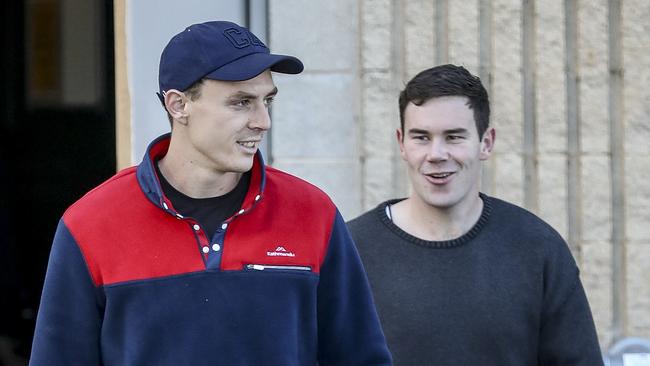 Mitch McGovern, right, has followed good friend Jake Lever’s lead in seeking his departure from West Lakes. Picture: AAP/Mike Burton