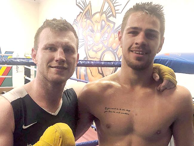 Benjamin Hussain (right) after a sparring session with former world champion Jeff Horn. Picture: Contributed