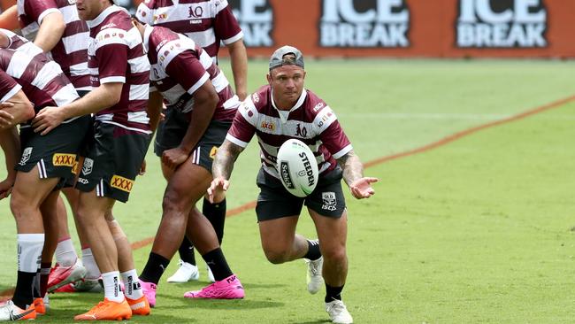 Maroons hooker Jake Friend passes the ball at Queensland’s captain's run at CBUS Super Stadium on the Gold Coast Picture: Getty Images