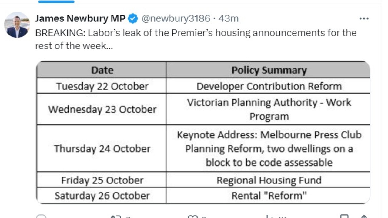 The timetable was shared to X by shadow planning minister James Newbury. Picture: X