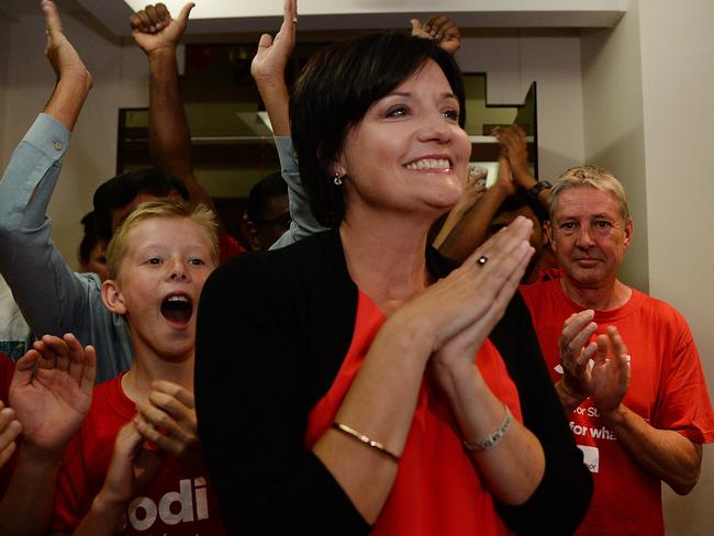 Labor's Jodi McKay arrives to fanfare at her post-election party.