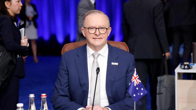 Australia's Prime Minister Anthony Albanese waits before the start of a meeting with NATO's Indo-Pacific partners during the NATO summit.