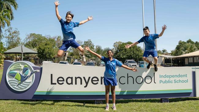 Leanyer School students Liam Chavez-Hopwood, Saanvi Maddirala and Marcus Lim are excited to celebrate the 40th birthday and anniversary of their school. Picture: Pema Tamang Pakhrin