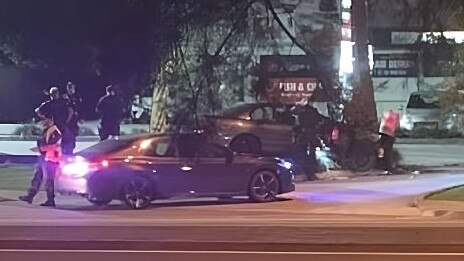 A car crashed into the sign of Boonooroo Park Shopping Centre on Coelia Court and Nielsens Rd at Carrara on Monday night. Picture: Facebook