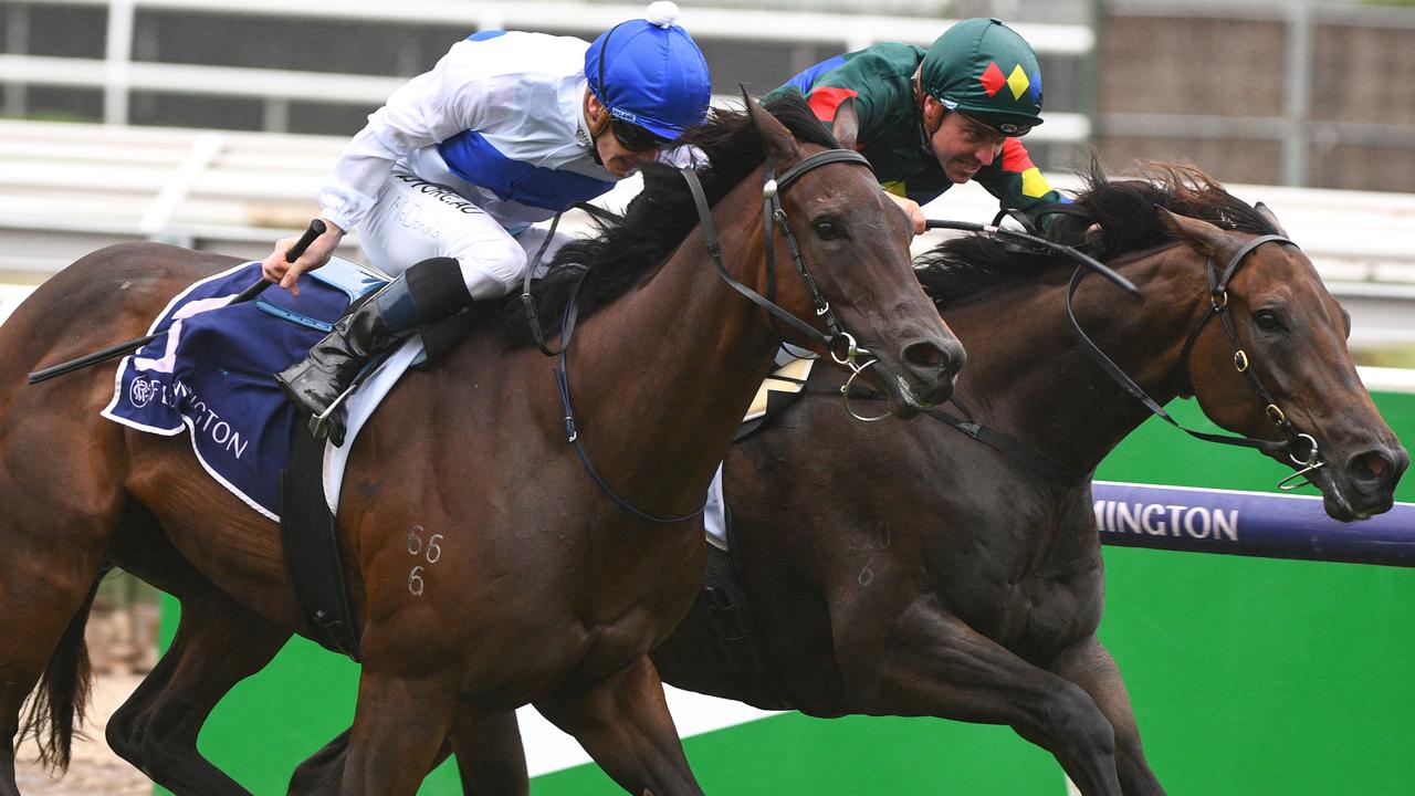 Alligator Blood (right) held off Catalyst to score a thrilling win in the CS Hayes Stakes. Picture: AAP