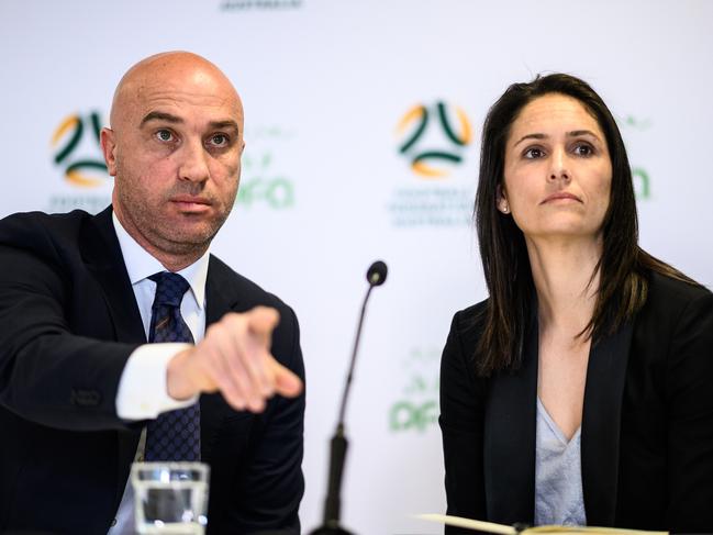 PFA co-chief executive Kathryn Gill (right), pictured with former PFA boss John Didulica, wants ‘clear vision’ about the A-League’s future. Picture: AAP Image/James Gourley