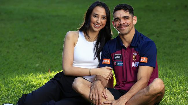 Brisbane Lions star Charlie Cameron and fiance Caitlin Seeto together before Charlie plays his 200th game this weekend at the GABBA. Picture: Adam Head