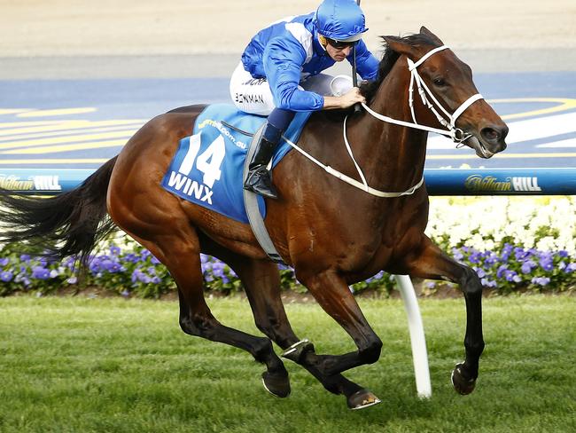 2015 Cox Plate Day at Moonee Valley Racecourse, Race9- Cox Plate, Hugh Bowman onboard Winx wins the plate. , Melbourne. 24th October 2015. Picture: Colleen Petch. Coxplate15