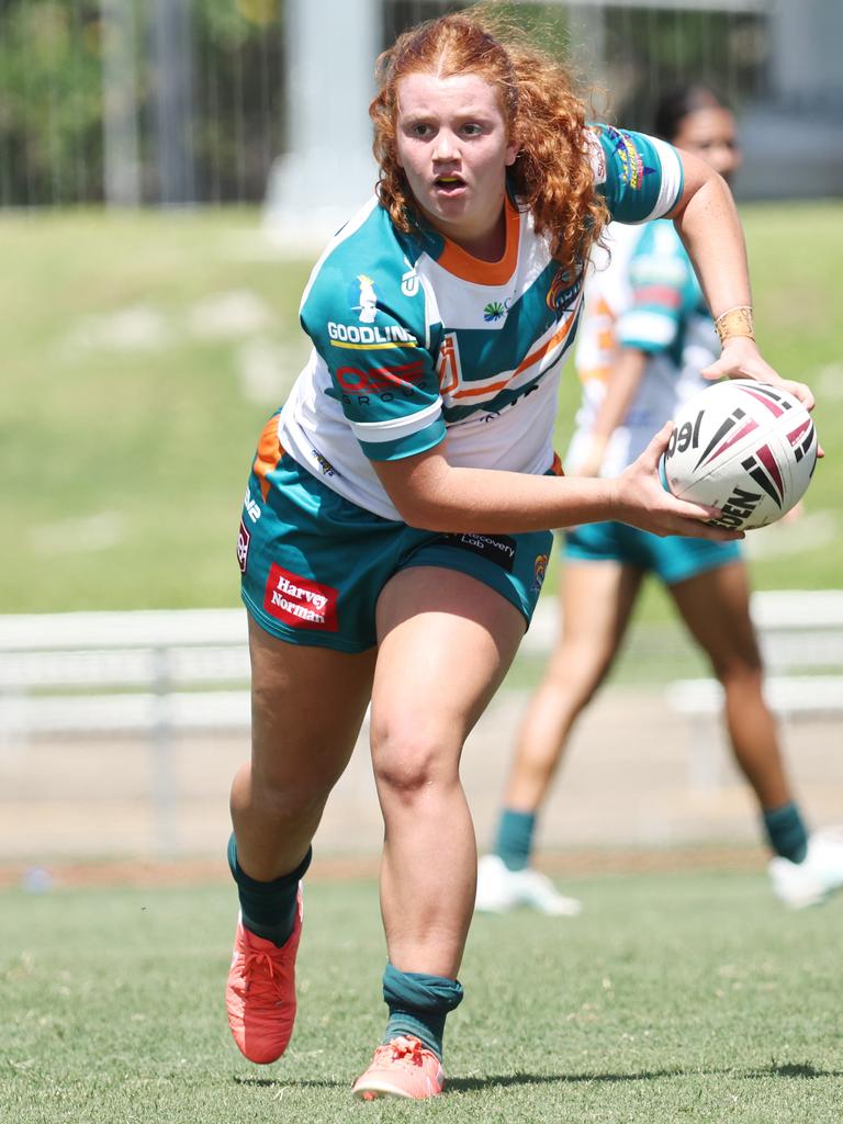 Layla Geck attacks the line in the Queensland Rugby League (QRL) Under 19 Women's match between the Northern Pride and the Mackay Cutters, held at Barlow Park. Picture: Brendan Radke