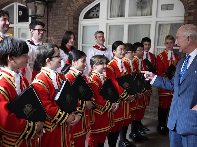 King Charles meets choristers after a service celebrating 400 years of the Queen's Chapel. Picture: AP