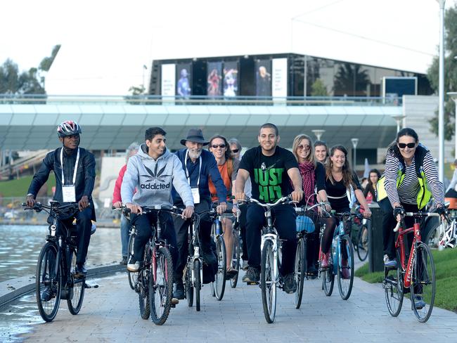 A protest push cycle ride against wearing helmets in Adelaide. Picture: Keryn Stevens.