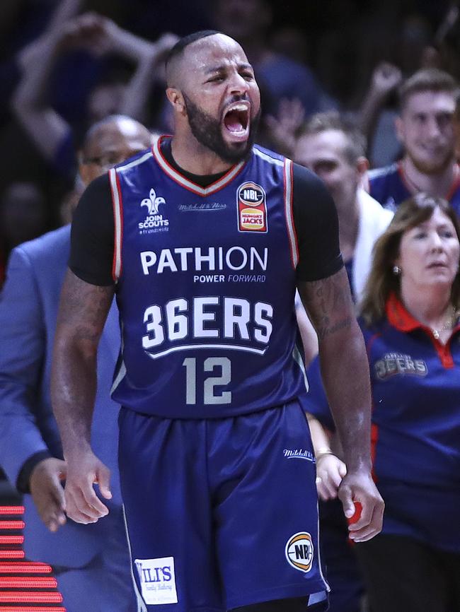 US import Shannon Shorter celebrates during Adelaide 36ers’ game-four grand final victory. Picture: Sarah Reed