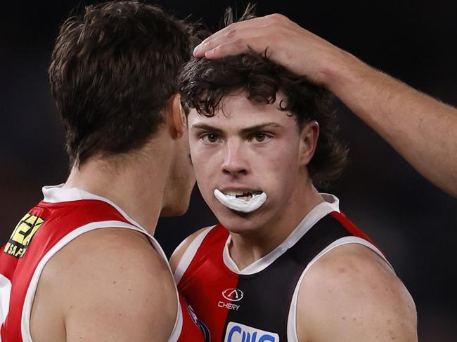 MELBOURNE, AUSTRALIA - AUGUST 17:  Darcy Wilson of the Saints celebrates a goal during the round 23 AFL match between St Kilda Saints and Geelong Cats at Marvel Stadium, on August 17, 2024, in Melbourne, Australia. (Photo by Darrian Traynor/Getty Images)