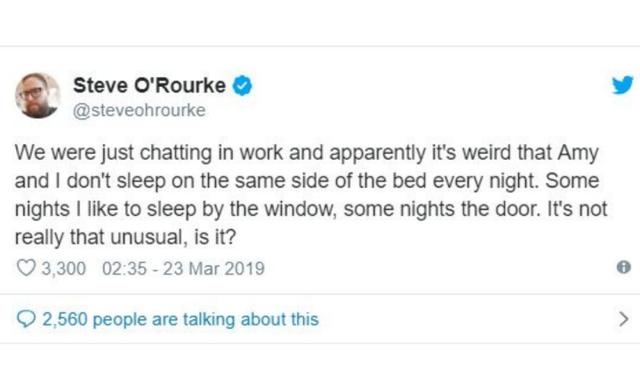 Steve shocked Twitter when he admitted that he and his wife don't always sleep on the same side of the bed. Source: Twitter