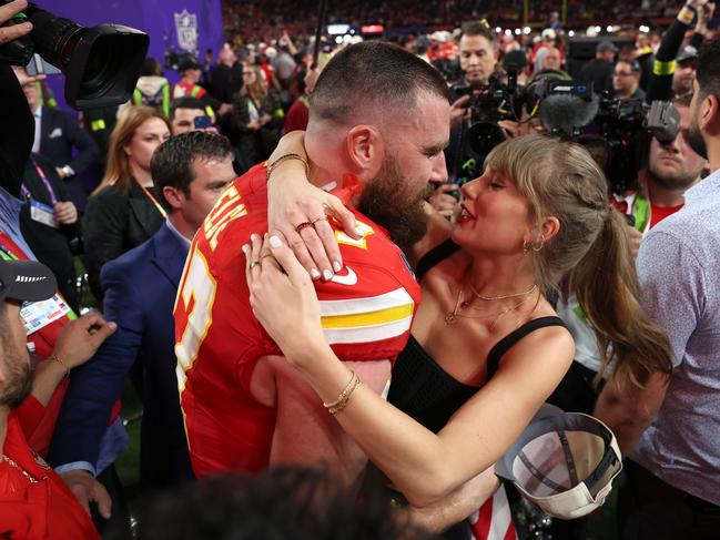 Travis Kelce and Taylor Swift celebrate Kansas City’s Super Bowl victory. Picture: Getty Images