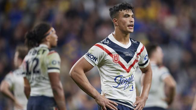 SYDNEY, AUSTRALIA - JUNE 18: Joseph Suaalii of the Roosters looks on during the round 15 NRL match between the Parramatta Eels and the Sydney Roosters at CommBank Stadium, on June 18, 2022, in Sydney, Australia. (Photo by Brett Hemmings/Getty Images)