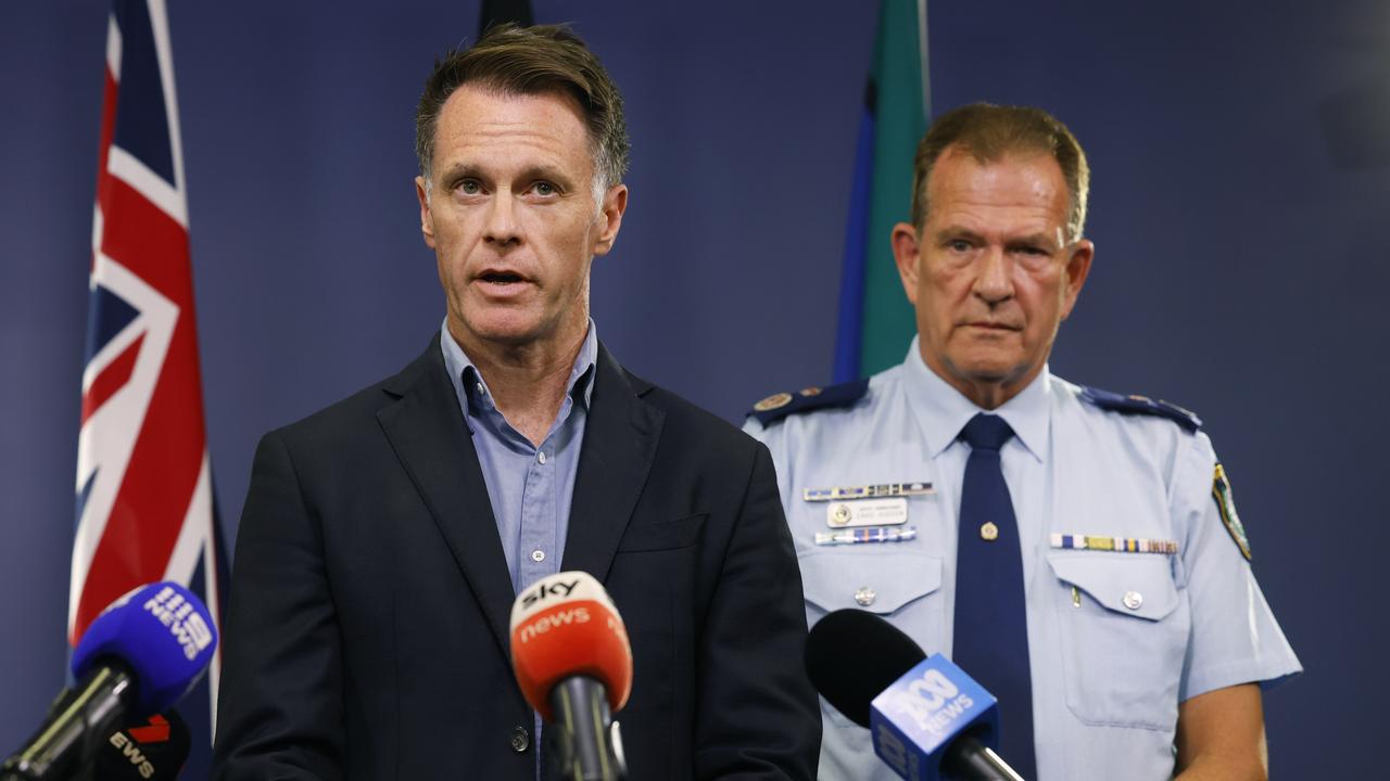 Premier Chris Minns and Deputy Police Commissioner David Hudson address the media on Wednesday. Picture: Richard Dobson