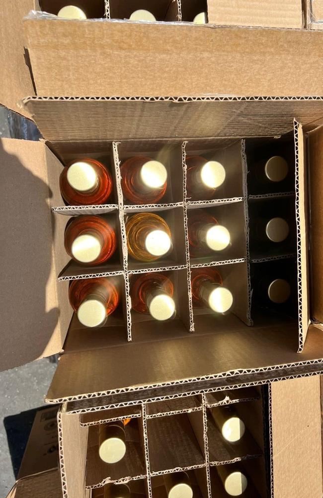 Boxes of liquid meth concealed in bottles of tequila, seized at the port of Manzanillo. Picture: SECRETARÍA DE MARINA/SEMAR