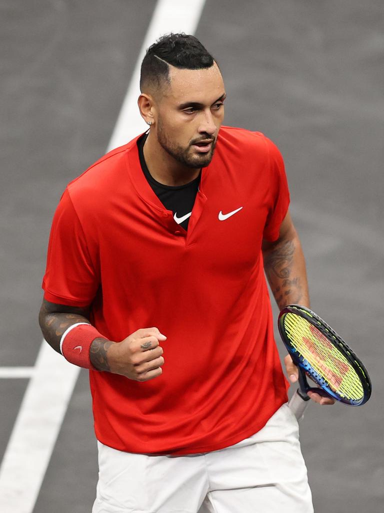 Kyrgios is on Novak's side for a change. (Photo by Adam Glanzman/Getty Images for Laver Cup)