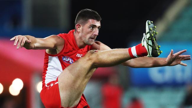 Colin O'Riordan kicks his first goal in the AFL against Essendon in May. Picture: Phil Hillyard