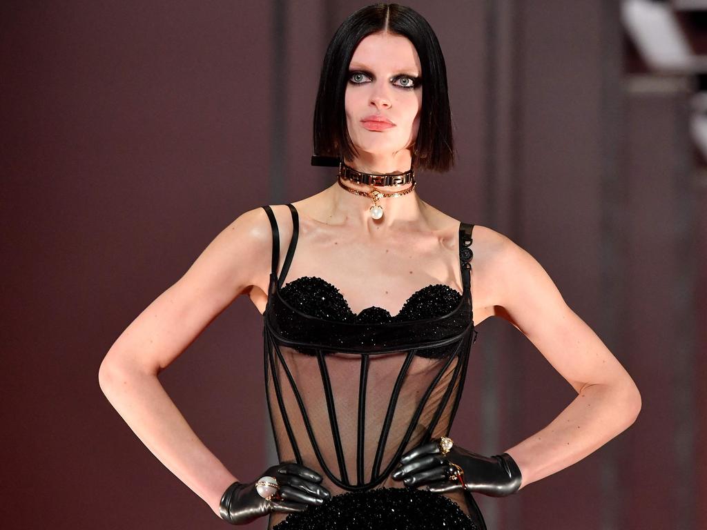 A Versace corset, complete with Julia Fox-inspired eyes. Picture: AFP