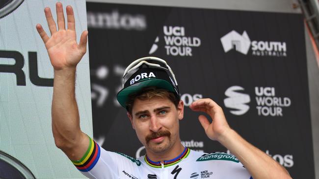 Peter Sagan from team Bora Hansgrohe celebrates winning stage three of the Tour Down Under from Lobethal to Uraidla in South Australia, Thursday, January 17, 2019. (AAP Image/David Mariuz) NO ARCHIVING, EDITORIAL USE ONLY