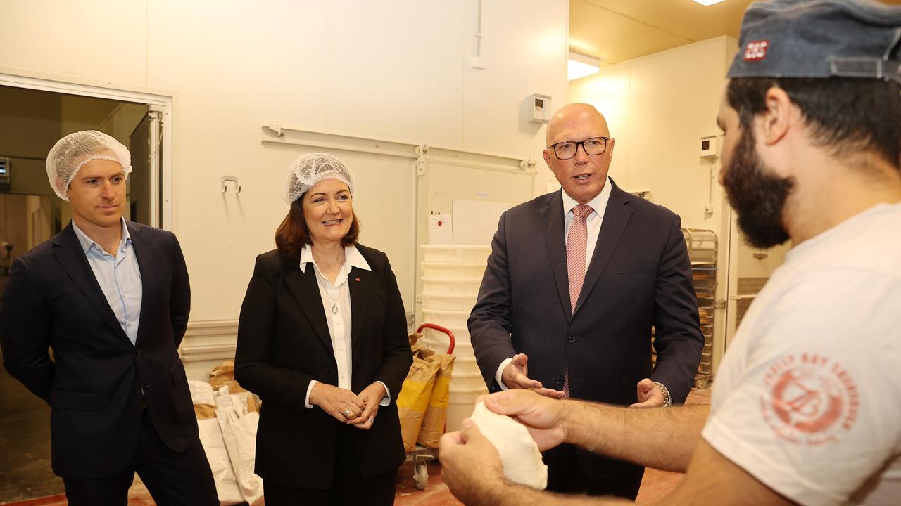 Leader of the Opposition Peter Dutton visited Zeally Bay Sourdough in Torquay alongside Corrangamite candidate Darcy Dunstan and Senator Sarah Henderson. Picture: Alison Wynd