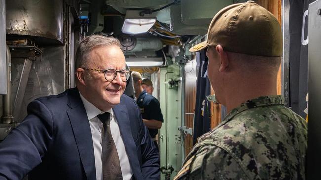 Prime Minister Anthony Albanese speaks to workers at HMAS Stirling , Perth . Picture: @albomp / Instagram