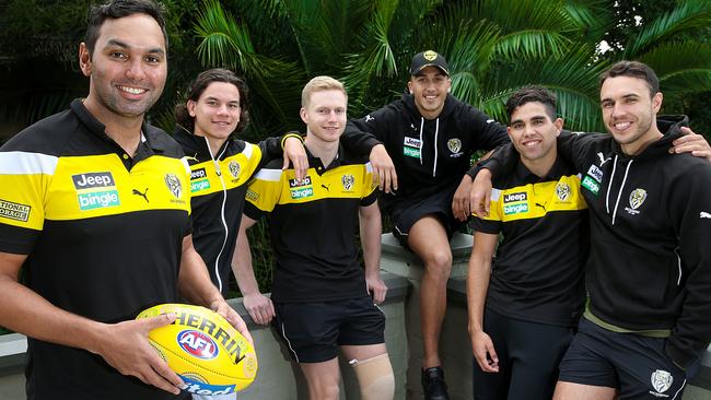 Tigers assistant coach Xavier Clarke with Richmond’s indigenous players Daniel Rioli, Nathan Drummond, Shai Bolton, Tyson Stengle and Shane Edwards. Picture: Ian Currie