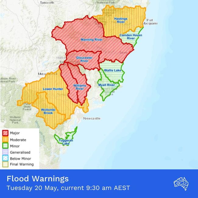 Widespread heavy rainfall has led to moderate to major flooding for parts of Mid North Coast and Hunter regions. Picture: Bureau of Meteorology