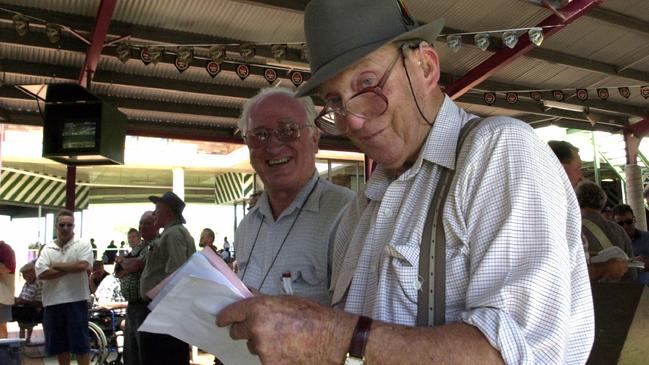 February 20, 2002. Bookmaker Owen Pedlow (R) with Anzac Cummings. Picture: The Northern Star.