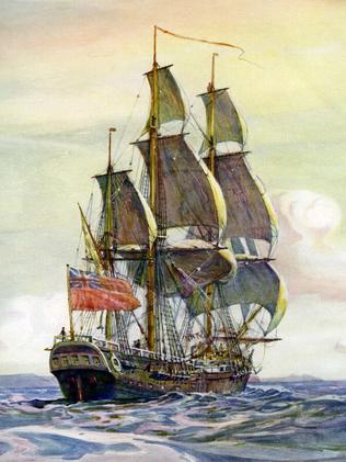 A painting by naval historian Gregory Robinson of British Navy research vessel, the Endeavour, commanded by James Cook 1769-1771.