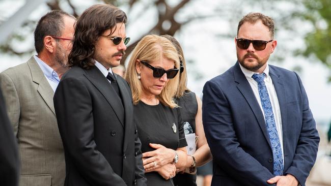 Son Jourdan Bowen, partner Tracey Hayes and stepson Luke Hayes at the state funeral for Luke Bowen. Picture: Pema Tamang Pakhrin