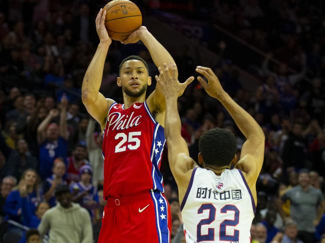 Ben Simmons shoots his first three-pointer in an NBA-aligned game, a pre-season match against Guangzhou Long-Lions on October 8. Picture: Getty Images