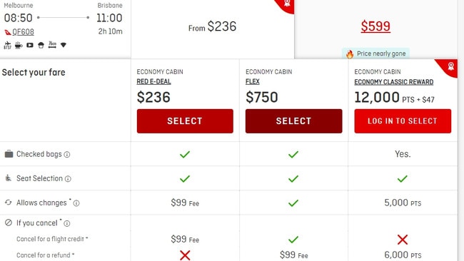 Qantas Airlines' fares for Melbourne-Brisbane on July 22, including a $599 business class sale fare.