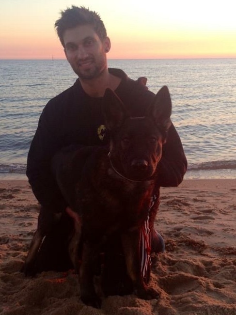 Owner Damien Brown with Bear the German shepherd, who was attacked on Grand Final Day.